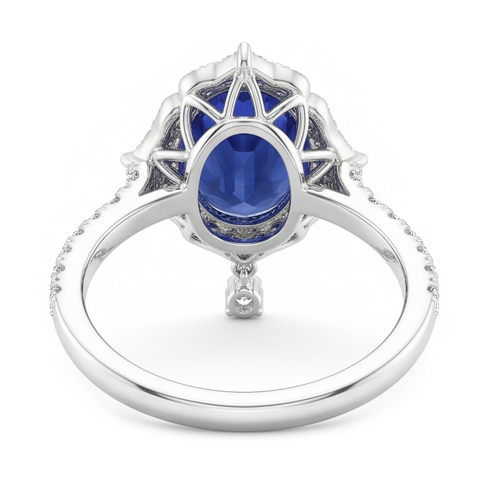 Anello di fidanzamento con zaffiro di Ceylon Halo taglio ovale 5.50 carati oro bianco