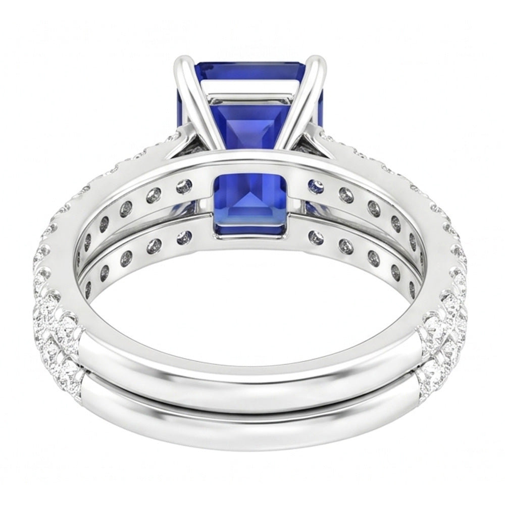 Anello di fidanzamento da donna con zaffiro blu taglio smeraldo 3 carati e diamante