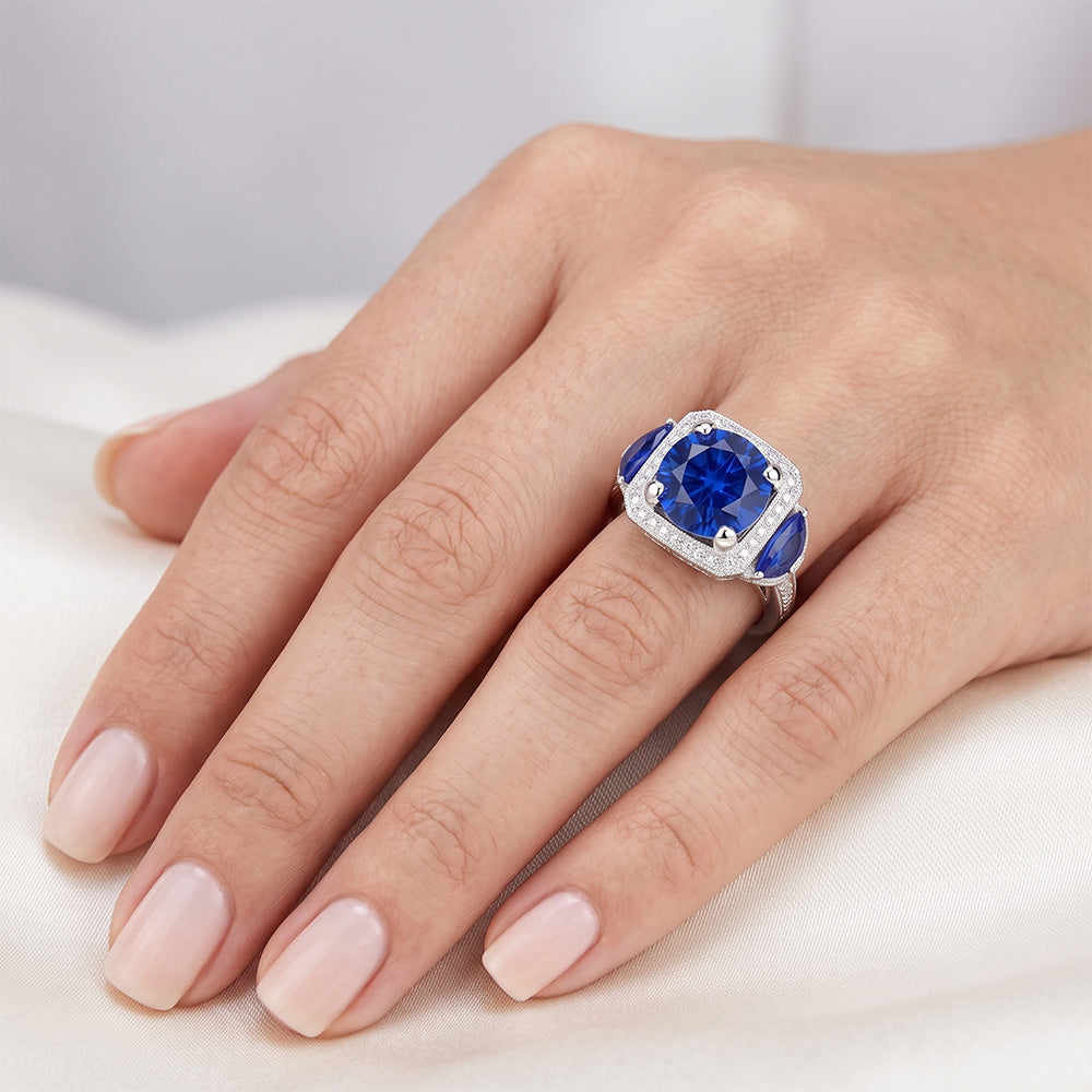 Anello di fidanzamento in oro con zaffiro di Ceylon Diamanti Naturali Autentici ( non creati in laboratorio ) rotondi 6 ct.
