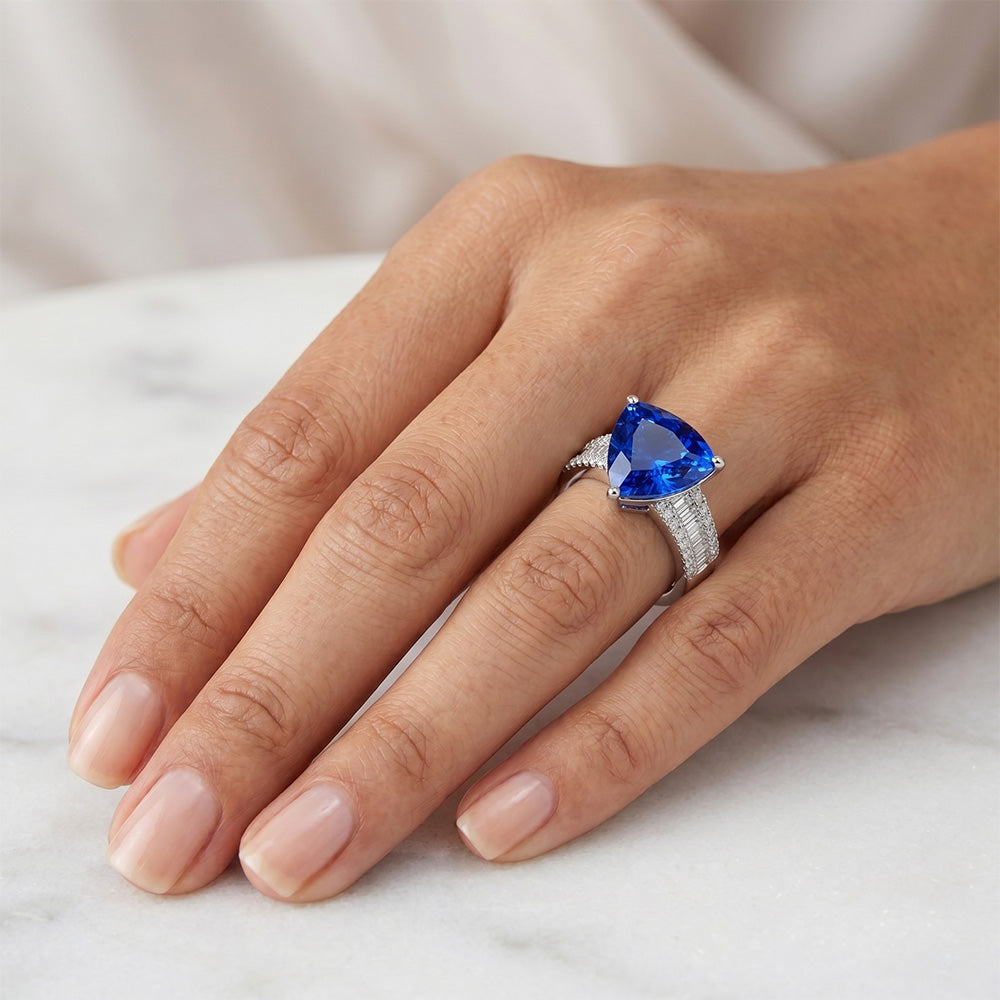 Anello di fidanzamento pietra preziosa zaffiro blu e diamanti 4 carati Nuovo