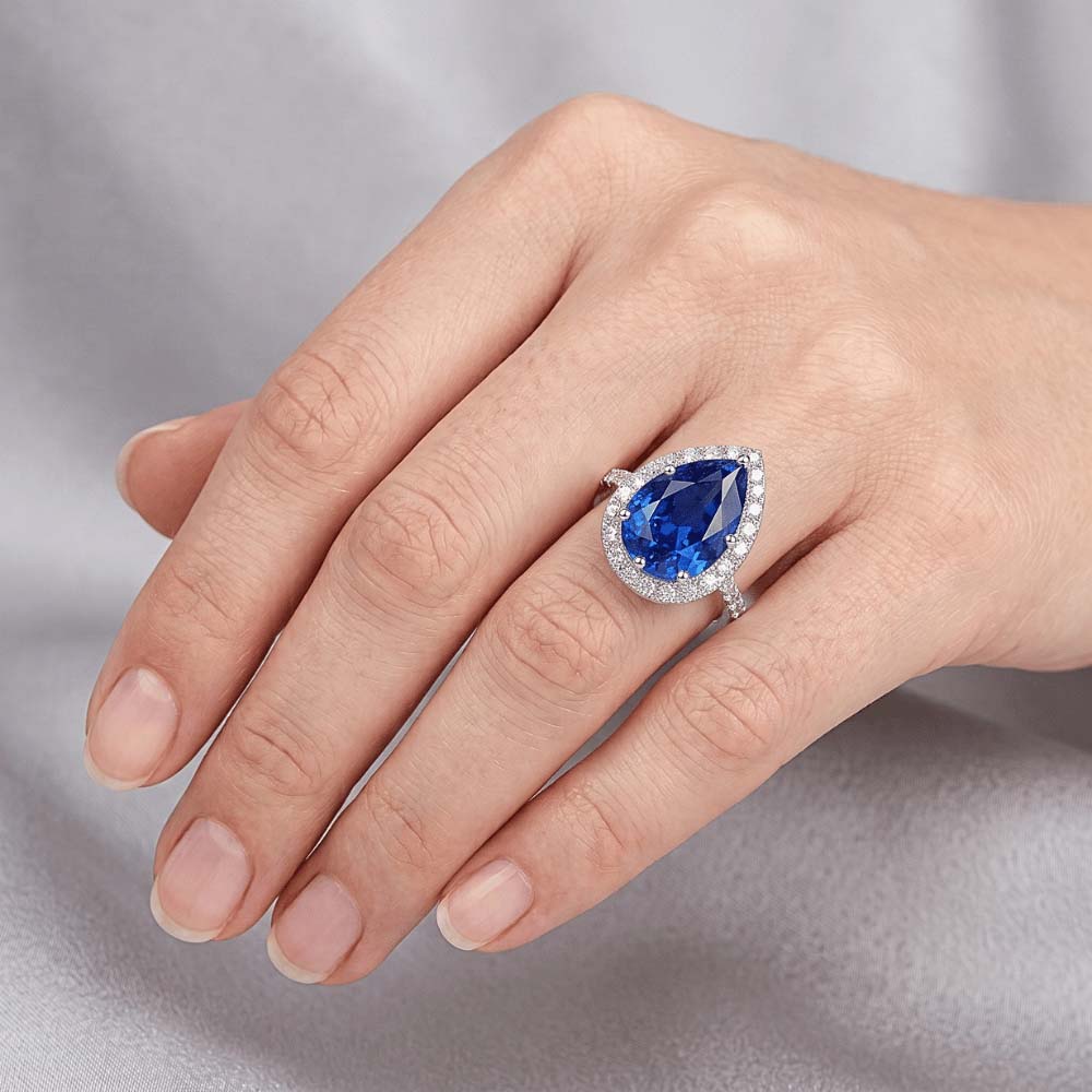 Anello donna Halo Diamond Ring Pera Zaffiro Blu & Accenti 5.25 Carati