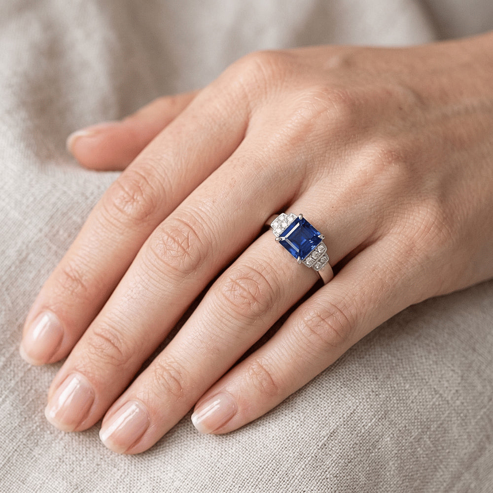 Anello fantasia diamante Asscher taglio zaffiro gemma 3 carati griffe set