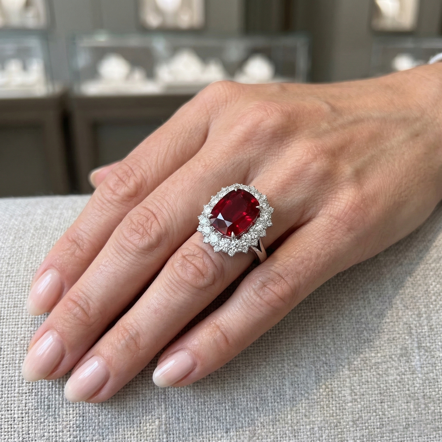 Anello grande rubino rosso taglio cuscino con diamante oro bianco 14 carati 7.25 ct