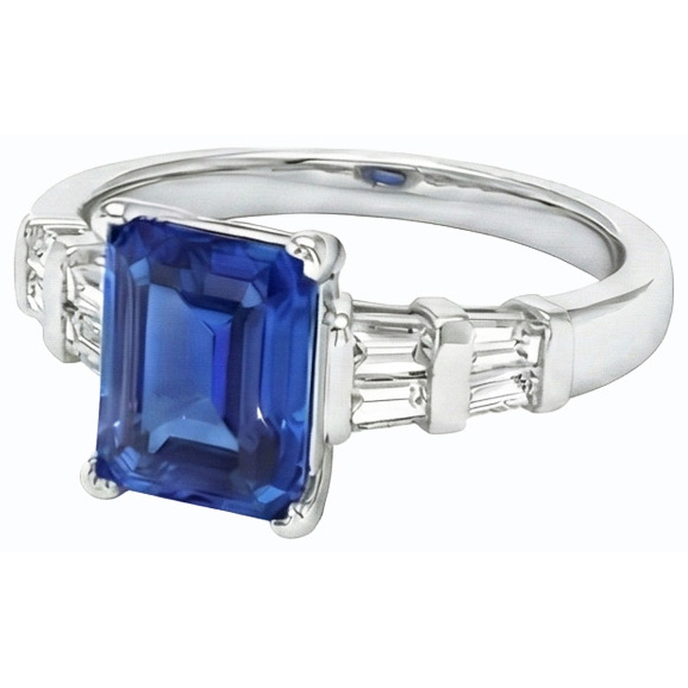 Anello in oro 3 carati con smeraldo e zaffiro di Ceylon con diamanti baguette