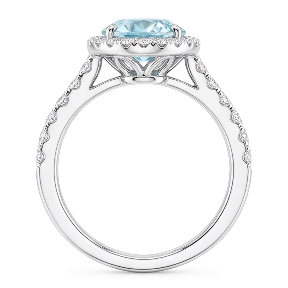 Anello in oro bianco 14K con acquamarina ovale e diamanti rotondi da 11.70 ct