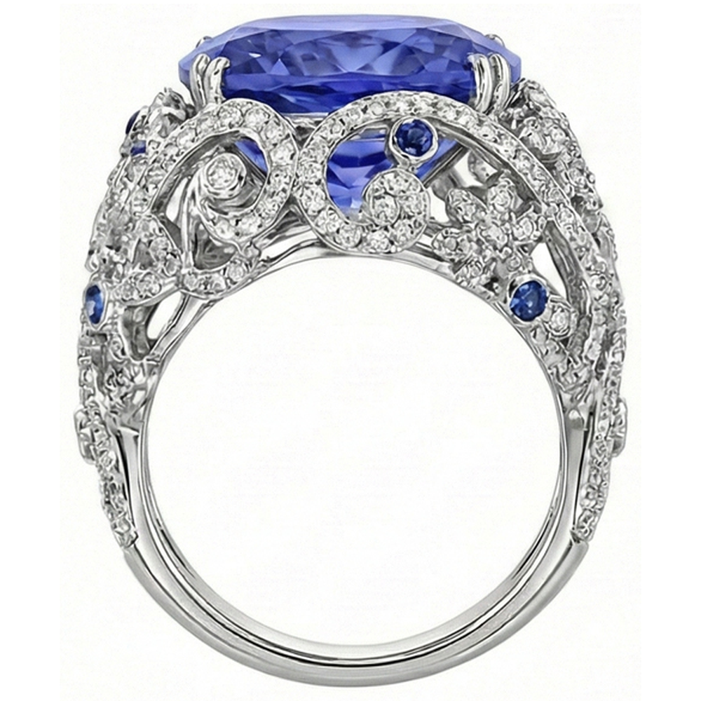 Anello in oro bianco 14K con diamanti, zaffiro dello Sri Lanka, 8,50 ct