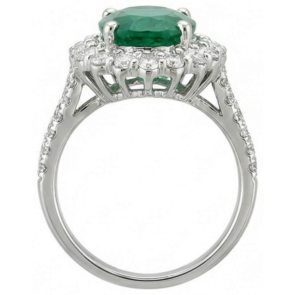Anello in oro bianco 14K con smeraldo verde ovale da 3,25 ct con alone e diamante