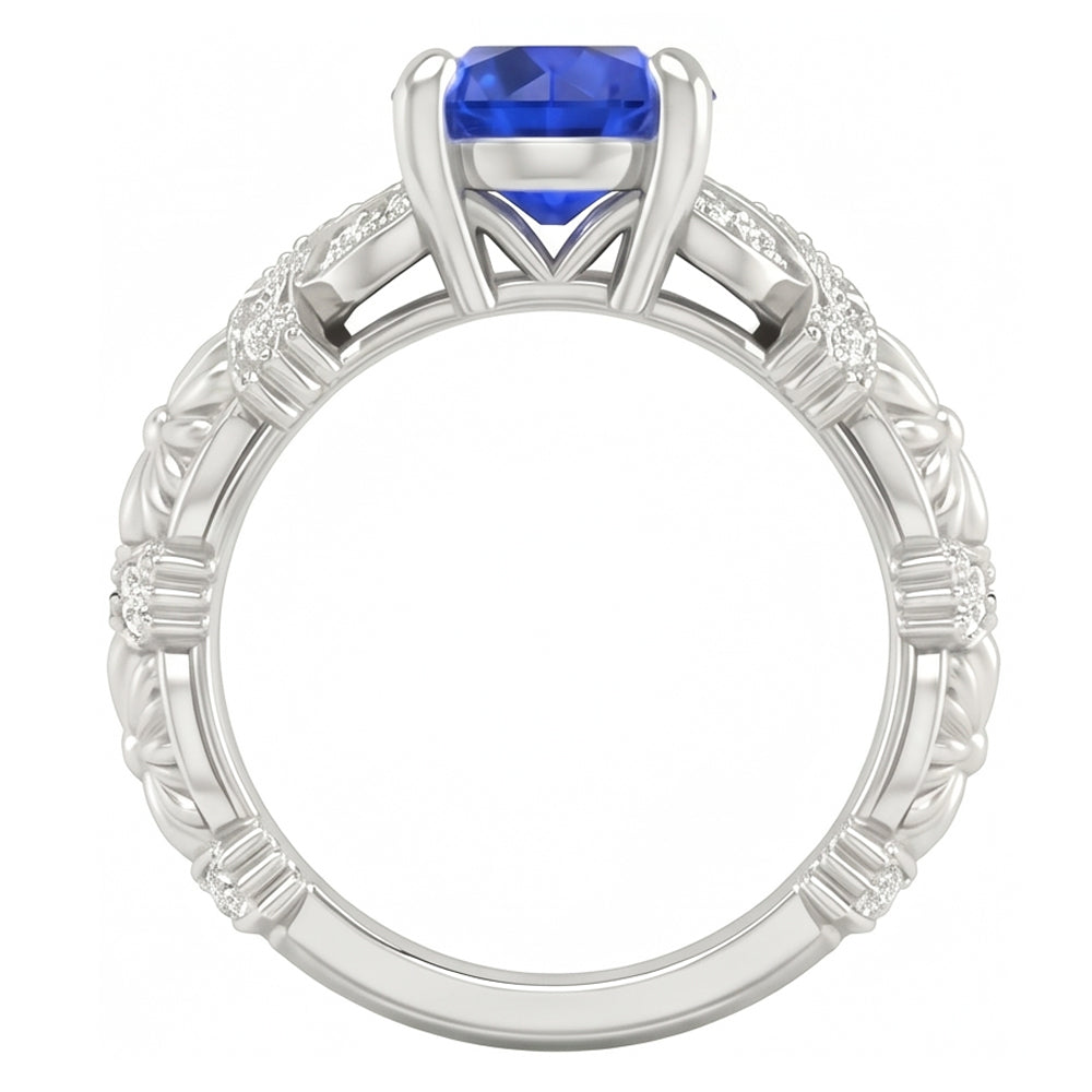 Anello in oro bianco 14K con zaffiro di Ceylon a taglio rotondo da 1,90 ct e diamanti