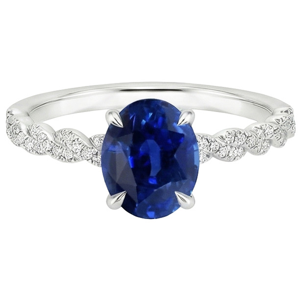 Anello in oro con pietre preziose. zaffiro blu ovale e pavé di diamanti 3.50 carati
