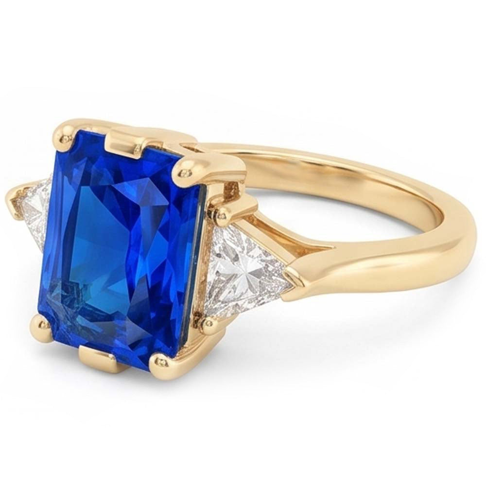 Anello in oro giallo con 3 pietre zaffiro radiante 3 carati trilioni di diamanti