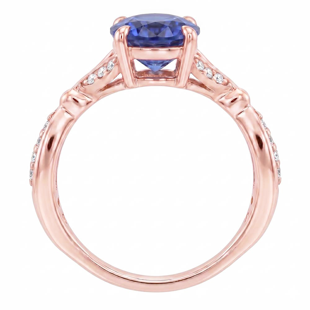 Anello in oro rosa con pietre preziose con gambo diviso. zaffiro blu e diamanti 3 carati