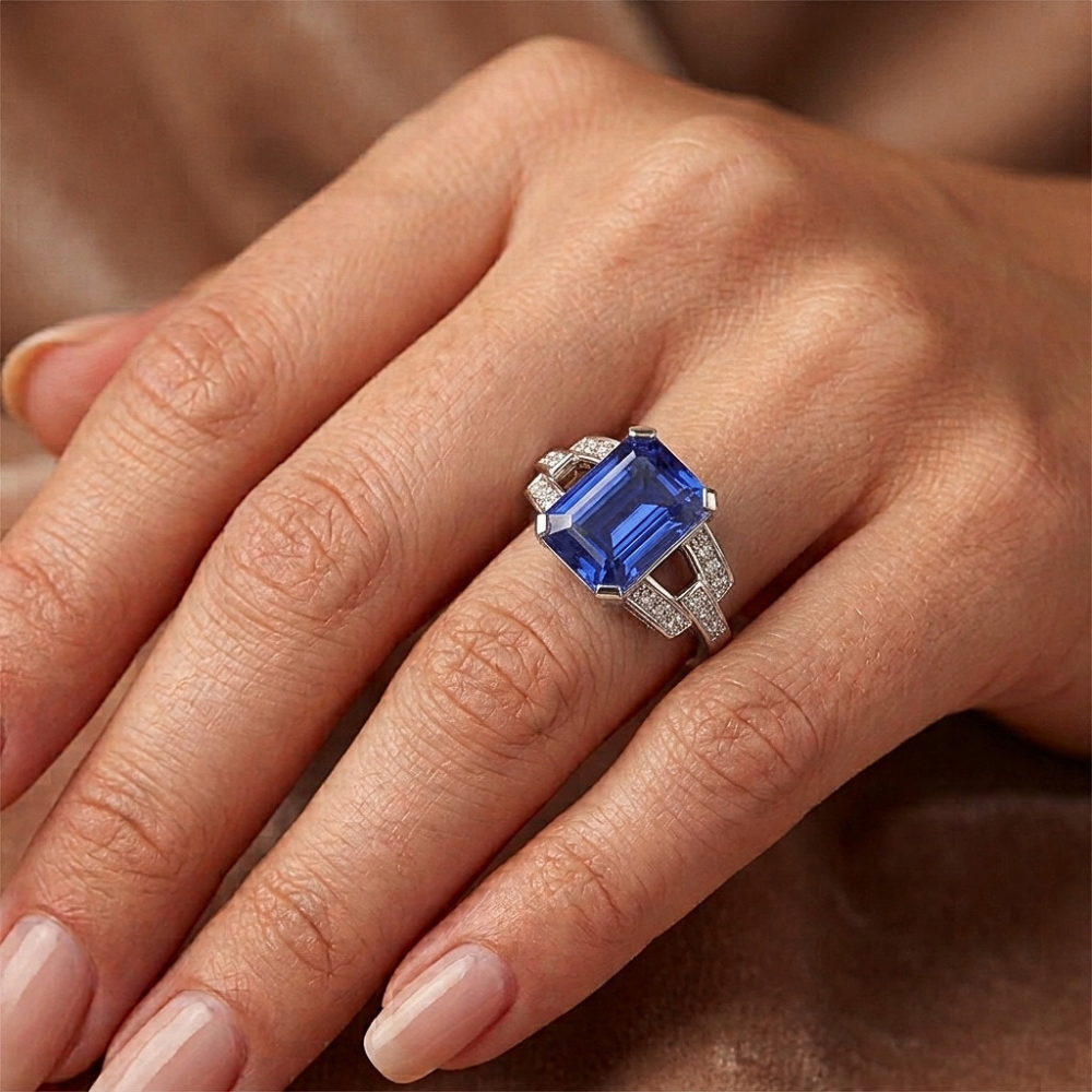Anello in pietra preziosa con zaffiro di Ceylon Gioielli con smeraldo gambo diviso 4 carati