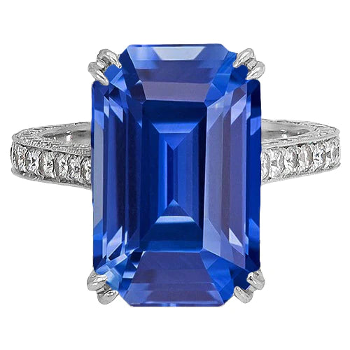 Anello in stile Antico Diamanti Zaffiro Blu Smeraldo 8 Carati Accentati Oro Bianco 14K