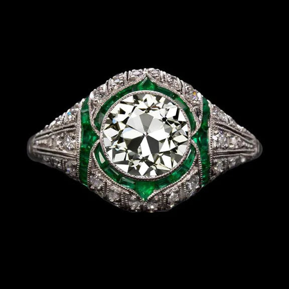 Anello in stile antico con diamanti a taglio antico, gioielli con smeraldo 3,50 carati