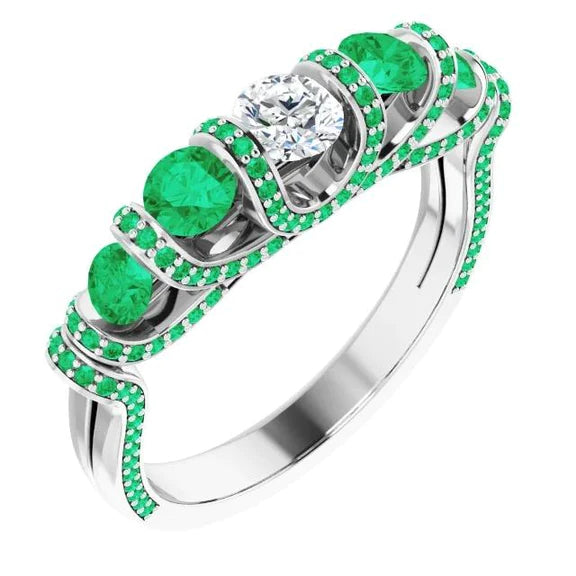 Anello in stile unico con diamante rotondo smeraldo 3.90 carati