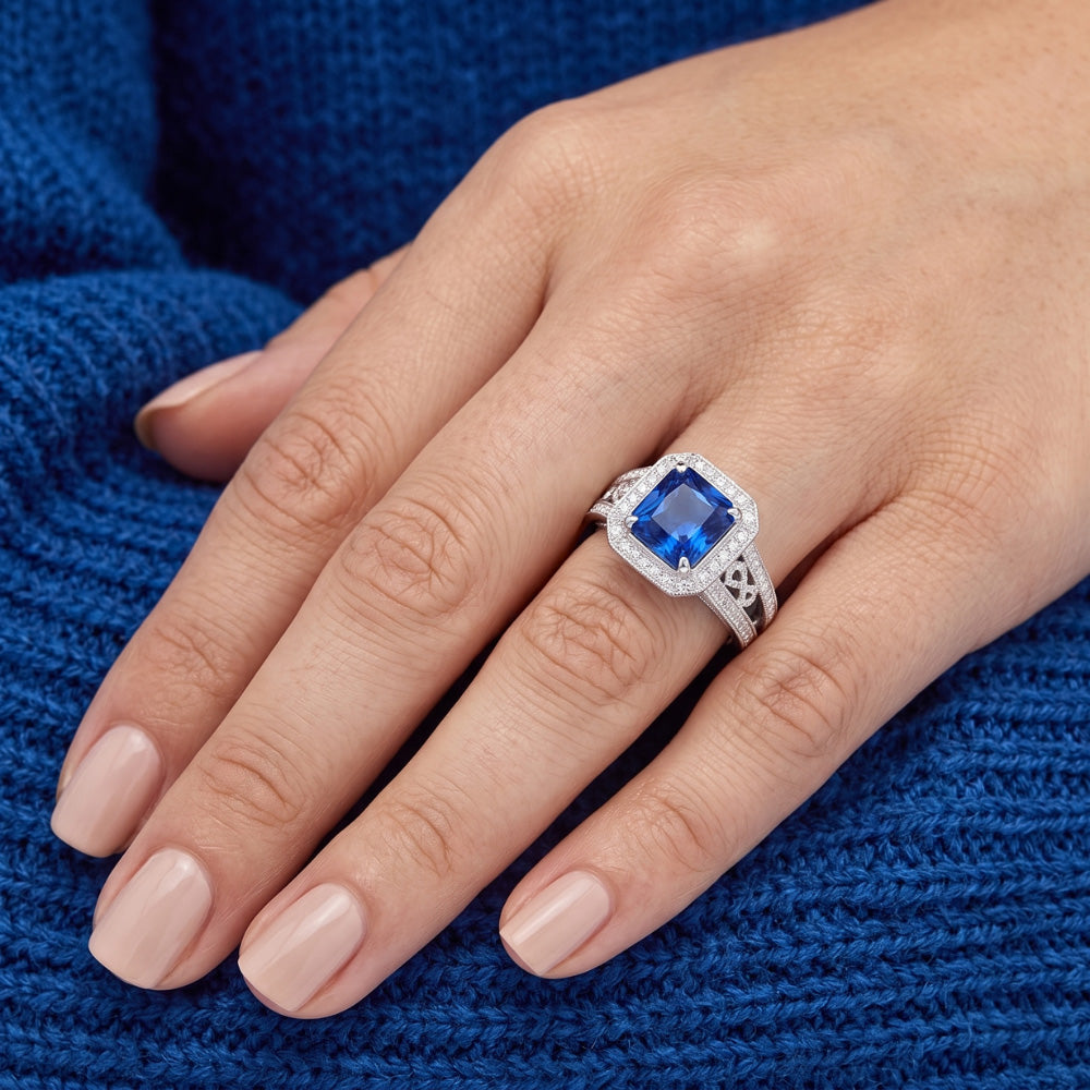 Anello in stile vintage Halo con zaffiro Srilanka Milgrain 3 carati con gambo diviso