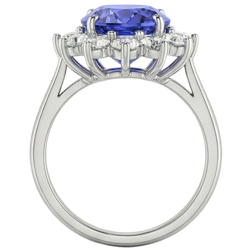 Anello in tanzanite ovale da 19.75 ct con diamanti stile fiore in oro 14 carati