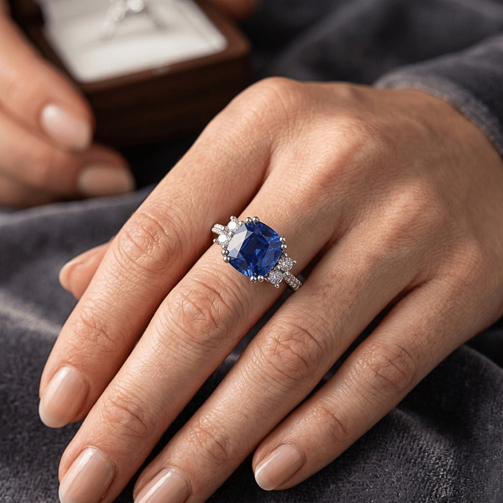 Anello in zaffiro dello Sri Lanka con taglio a cuscino. gioielli con pietre preziose. 4.50 carati