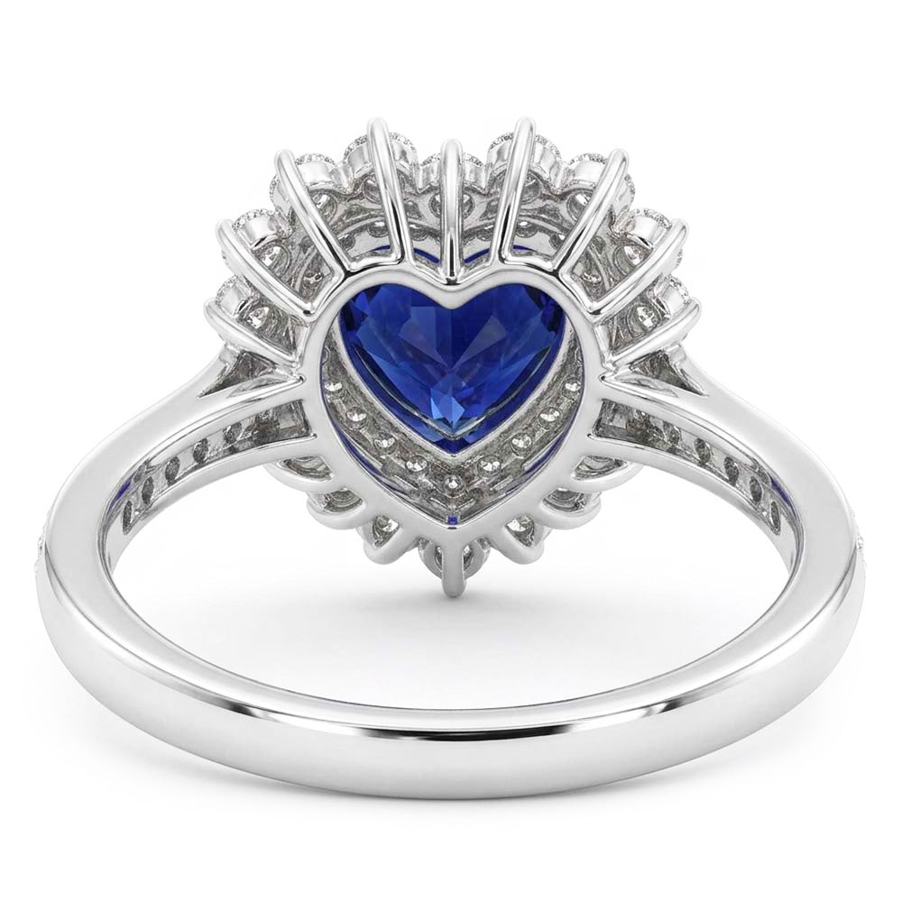 Anello in zaffiro di ceylon con doppio cuore aureola stile fiore 4 carati