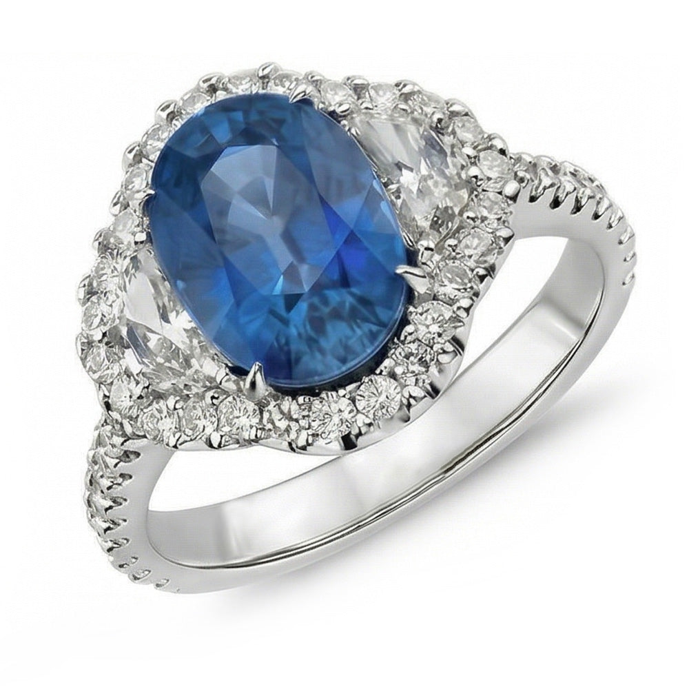 Anello nuziale in oro bianco con diamante zaffiro blu dello Sri Lanka da 4.25 carati