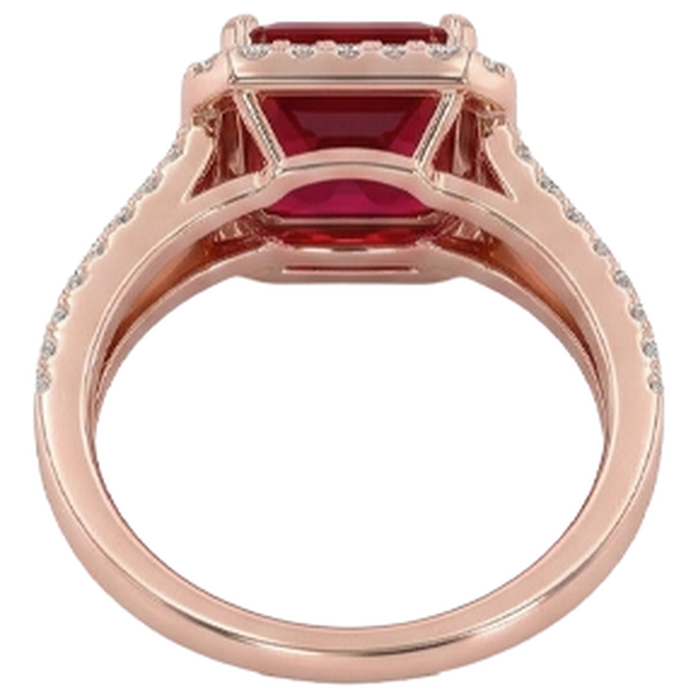 Anello nuziale in oro rosa 14 carati con taglio smeraldo rubino rosso 13 ct e diamante