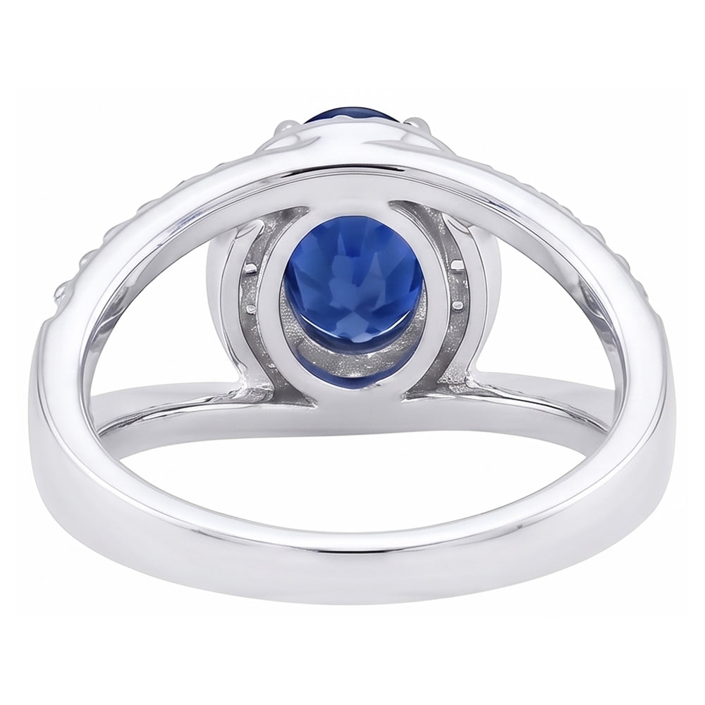 Anello ovale in oro bianco 14K con zaffiro blu di Ceylon e diamanti da 2,75 ct