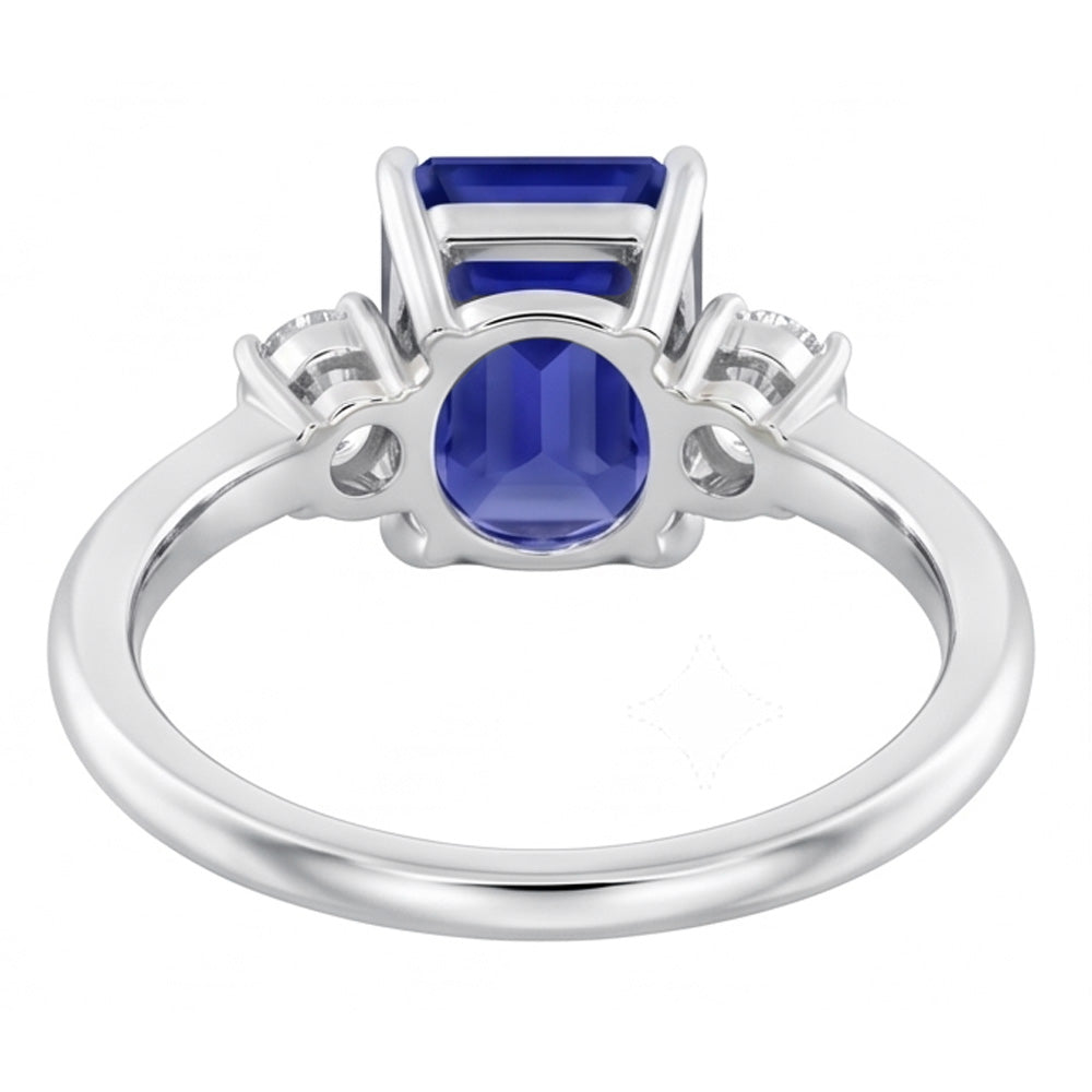 Anello radiante con 3 zaffiri blu in pietra di diamanti tondi piccoli da 1,25 carati e oro bianco 14K