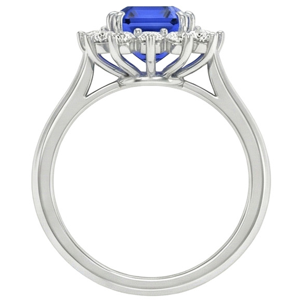 Anello rotondo Halo Diamond Asscher Cut Blue Sapphire 6.50 carati Anello in oro 14K