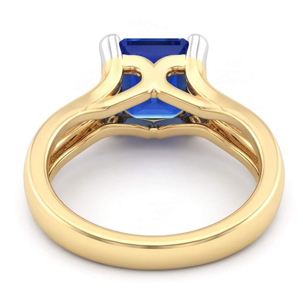 Anello solitario bicolore con zaffiro blu smeraldo 2.50 carati con gambo diviso