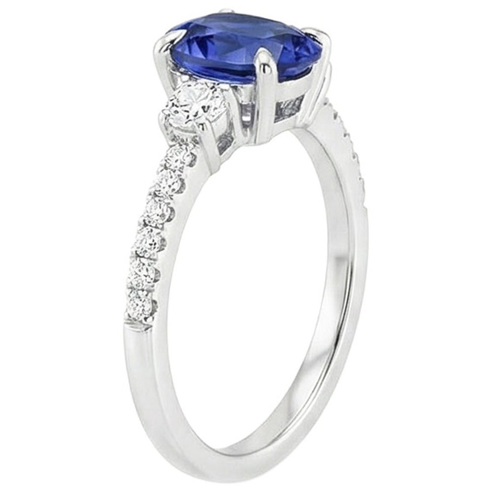 Anello solitario con zaffiro blu 3,50 carati e diamanti tondi in oro bianco 14K