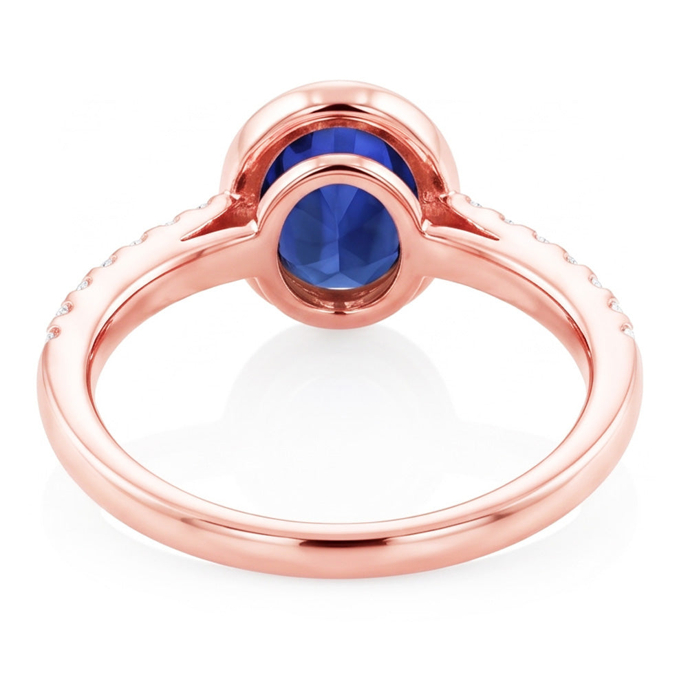 Anello solitario con zaffiro blu lunetta con diamanti in oro 3.50 carati