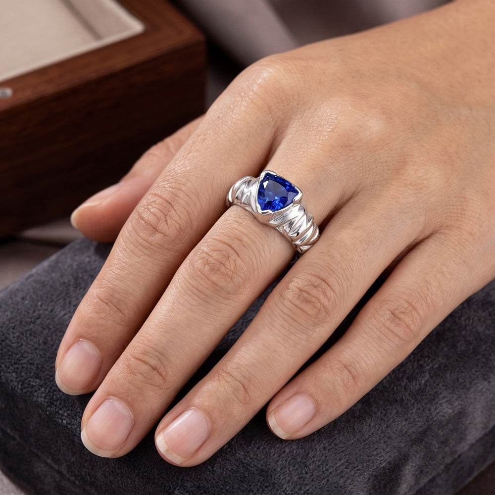 Anello solitario con zaffiro blu trilioni V, stile vintage, 1 carato con oro bianco 14K