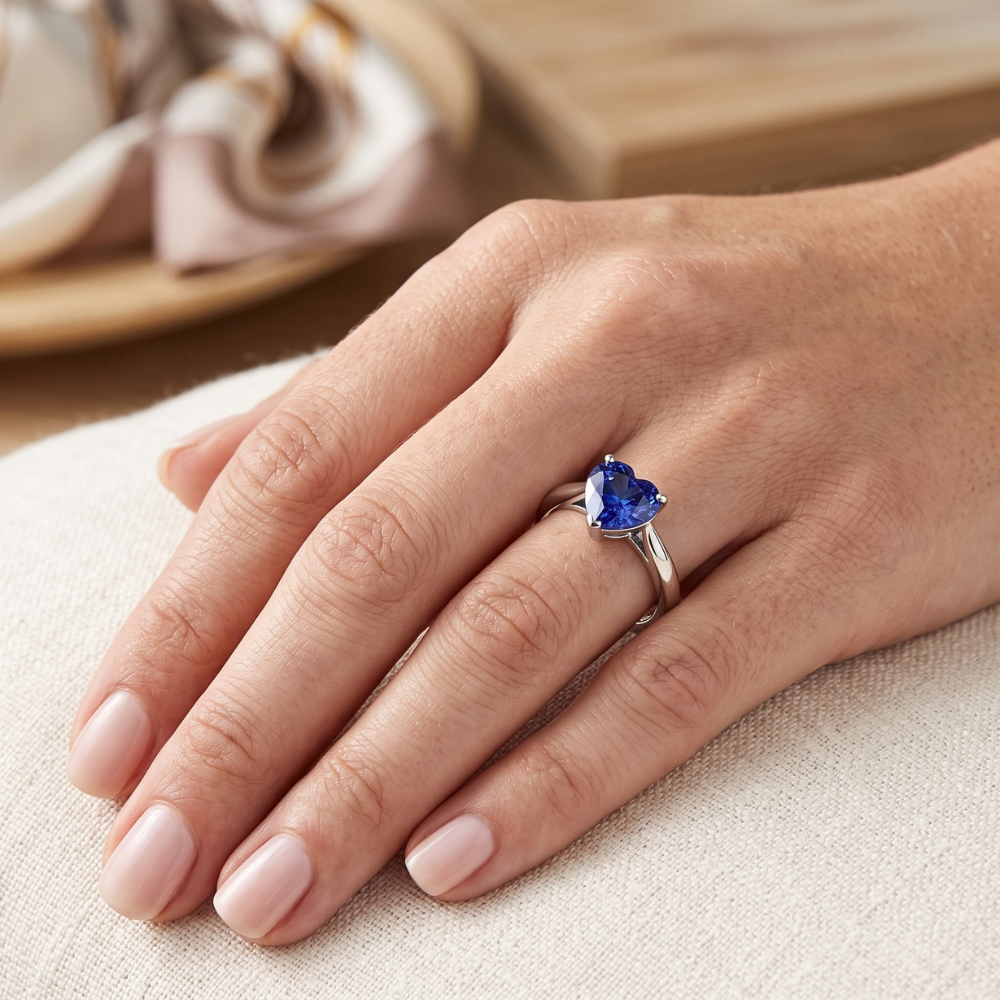 Anello solitario da 2 carati con polo a cuore incastonato in oro zaffiro azzurro 14K