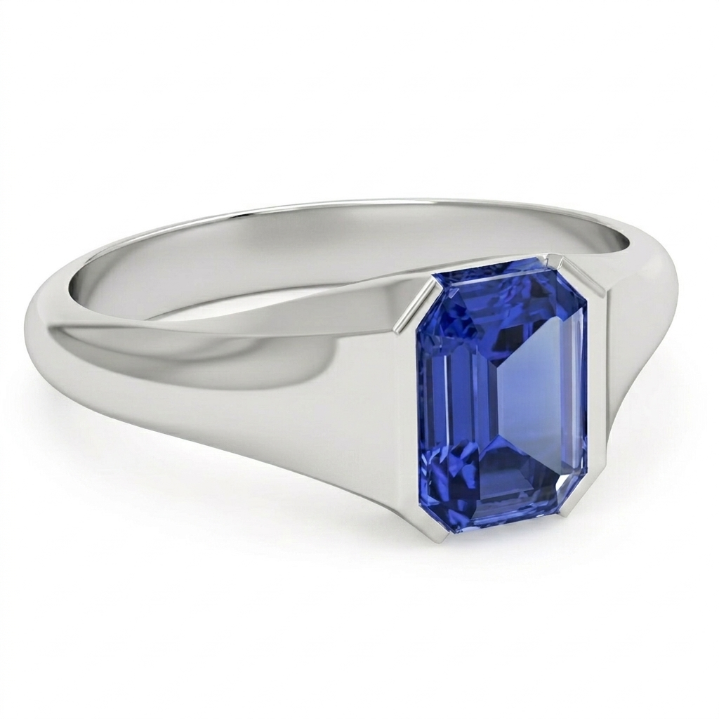 Anello solitario da uomo con zaffiro blu taglio smeraldo oro bianco 4 carati Nuovo