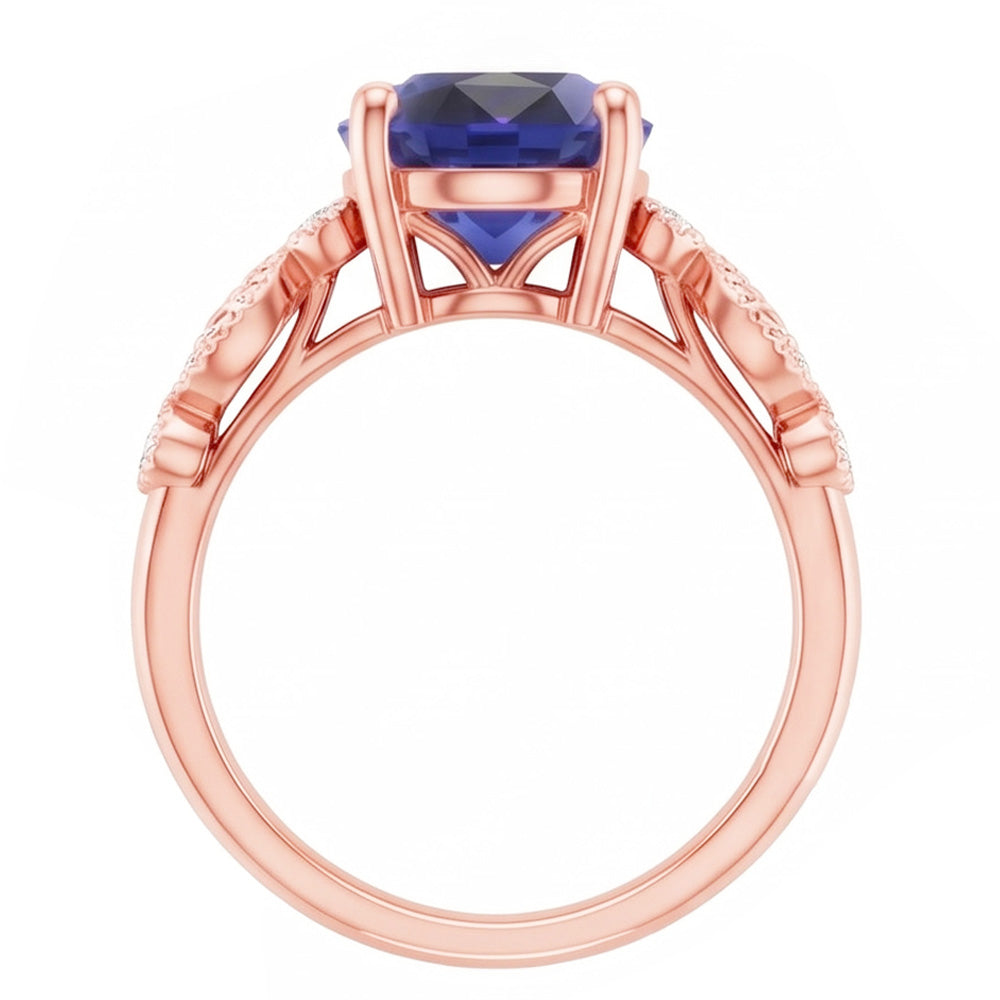 Anello solitario in stile vintage con accenti blu zaffiro 4 carati e diamanti in oro rosa 14K