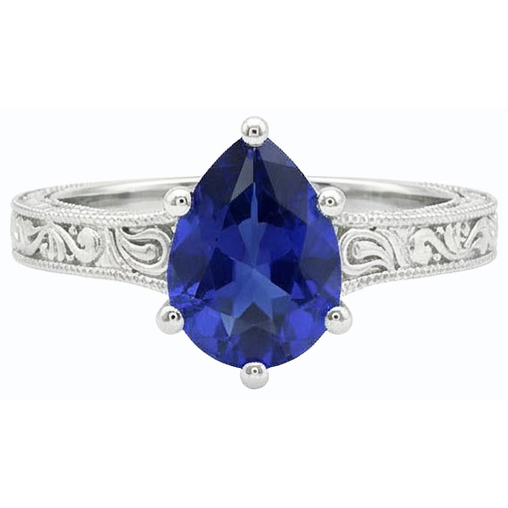 Anello solitario pera blu zaffiro stile antico 2 carati oro
