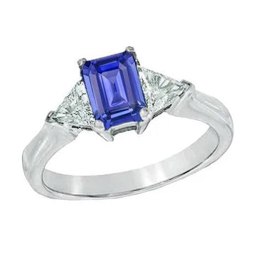 Anello 2 carati zaffiro blu e diamanti 3 pietre di smeraldo in oro bianco 14K