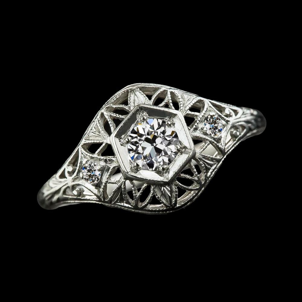 Anello 3 Pietre Stile Vintage Con Vero Diamante Tondo Taglio Antico 1.50 Carati Milgrain