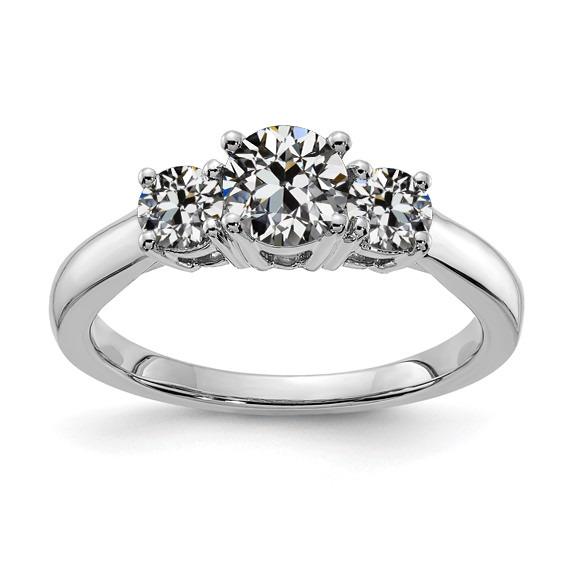 Anello 3 Pietre Tondo Vecchio Miniera Taglio Vero Diamante Gioielli In Oro Bianco 3 Carati