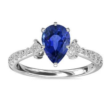 Anello 3 carati SriLanka Blue Sapphire Pear Three Stone Diamond Accenti in oro bianco 14K