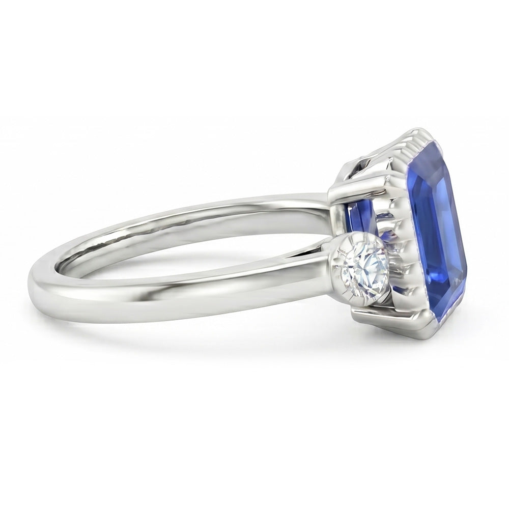 Anello Anniversario con 2,25 carati Zaffiro blu rotondo e diamante rotondo con castone 3 pietre