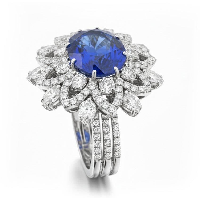 Anello Anniversario con Zaffiro Blu Diamanti 9.75 Carati Oro Bianco 14K