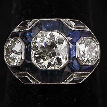 Anello Con 3 Pietre Rotonde Stile Vecchio Taglio E Zaffiro Blu 6 Carati Vero Diamant
