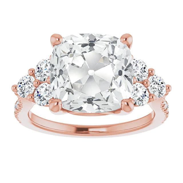 Anello Con Genuino Diamante Taglio Vecchio Miniera Rotondo E Cuscino Oro 7,50 Carati 14K