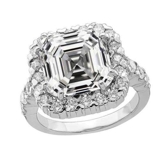 Anello Da Donna Halo Il Giro & Asscher Genuino Diamante Ring 14K White Gold 6.50 Carati