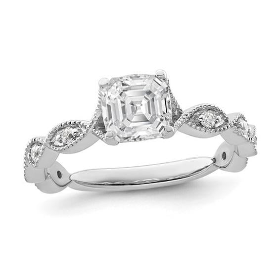Anello Di Fidanzamento Asscher E Vero Diamante Rotondo 3,50 Carati Oro Bianco 14K