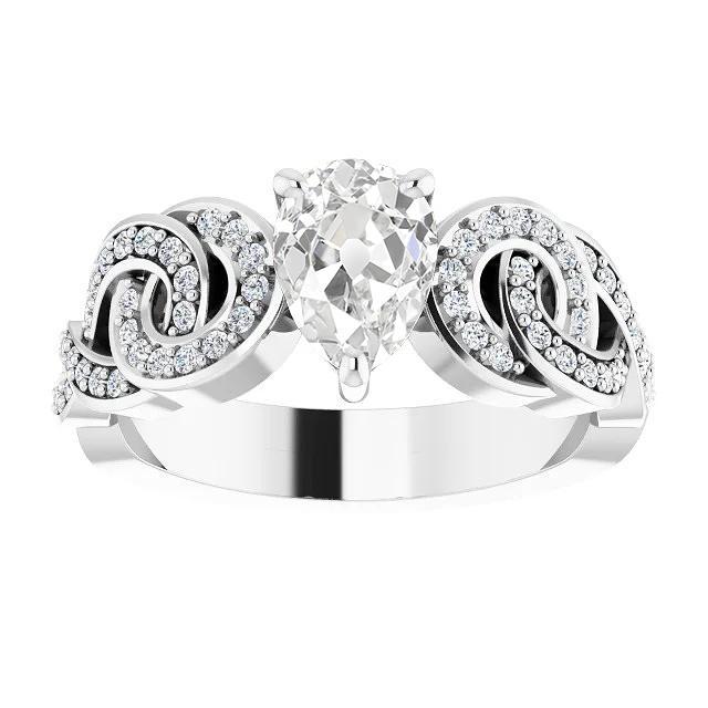 Anello Di Fidanzamento Con Genuino Diamante A Taglio Antico A Pera, Stile Nodo, Oro Bianco 5.70 Carati