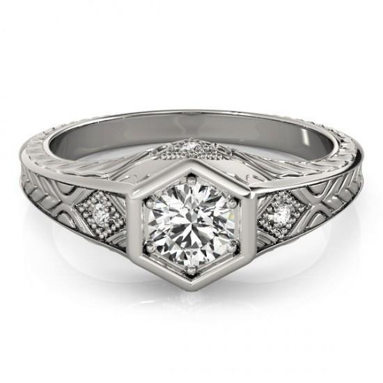 Anello Di Fidanzamento Con Genuino Diamante Inciso Stile Antico 1.50 Carati WG 14K