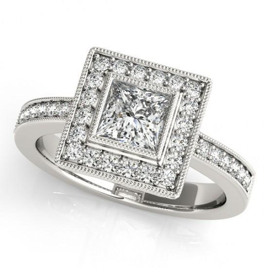 Anello Di Fidanzamento Con Naturale Diamante Principessa E Diamante Rotondo Aureola 1.50 Carati WG