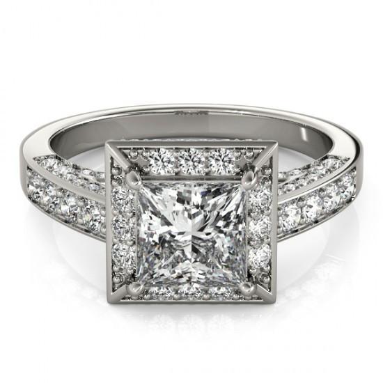 Anello Di Fidanzamento Con Taglio A Vero Diamante Rotondo Princess Halo 1.75 Carati WG 14K